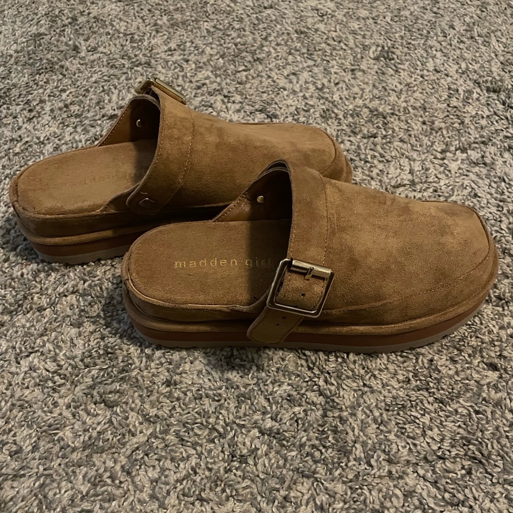 Madden Girl Brown Suede Buckle Clogs